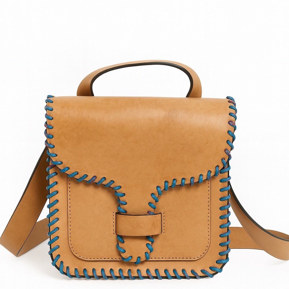 Rebecca Minkoff Tan Leather Crossbody Bag with Blue Whipstitch Trim